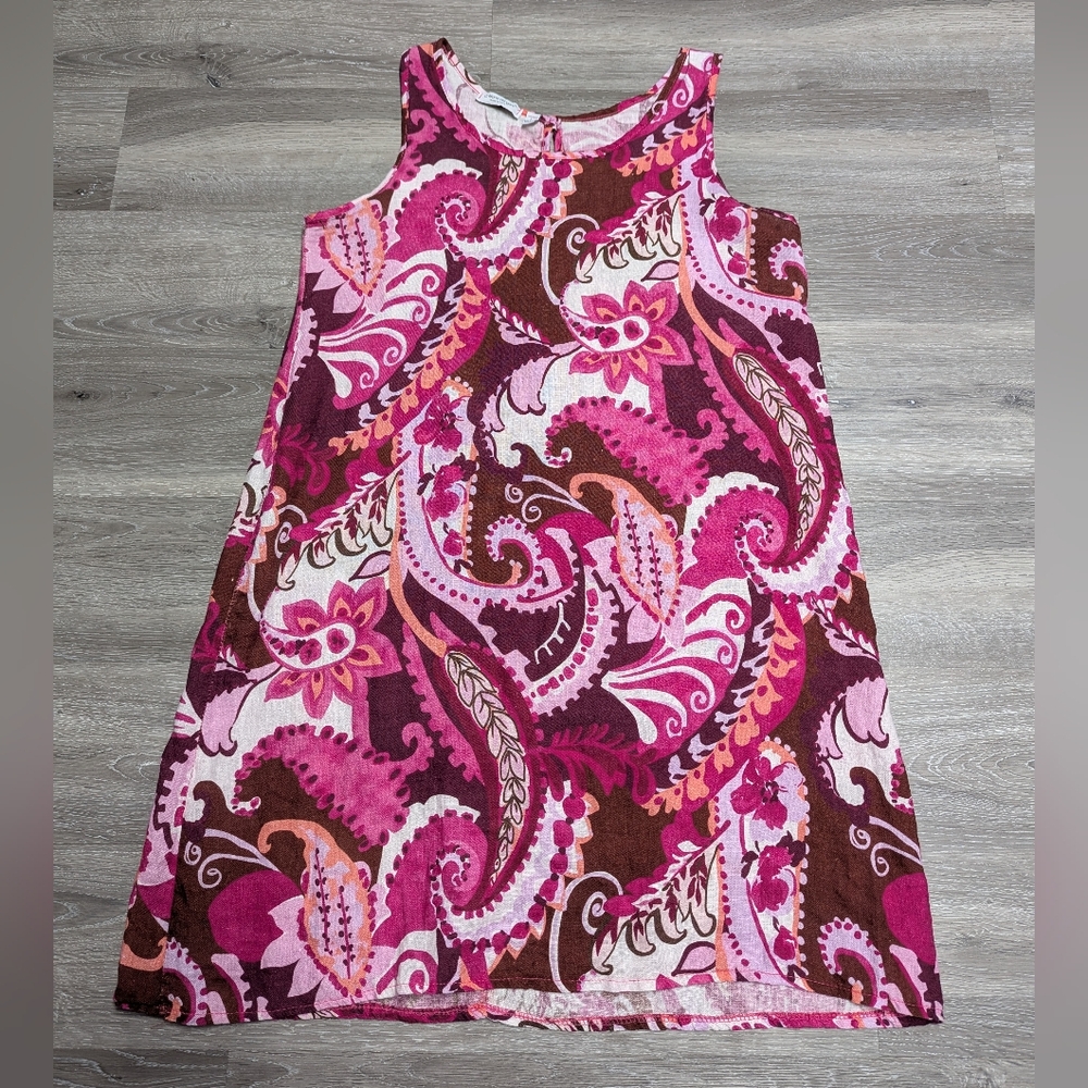Cristina Vergani Italy 100% Linen Dress Size L Pink Paisley Resort